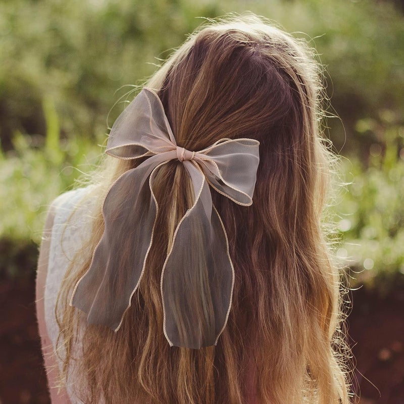 STSTR 2Pcs Large Hair Bow Clips, Champagne Silk Yarn Ribbon Bow Hair Barrette for Women, Elegant Long Tail Bowknot French Hair Accessories for Wedding, Parties, Festivals - Style 4 - Image 5